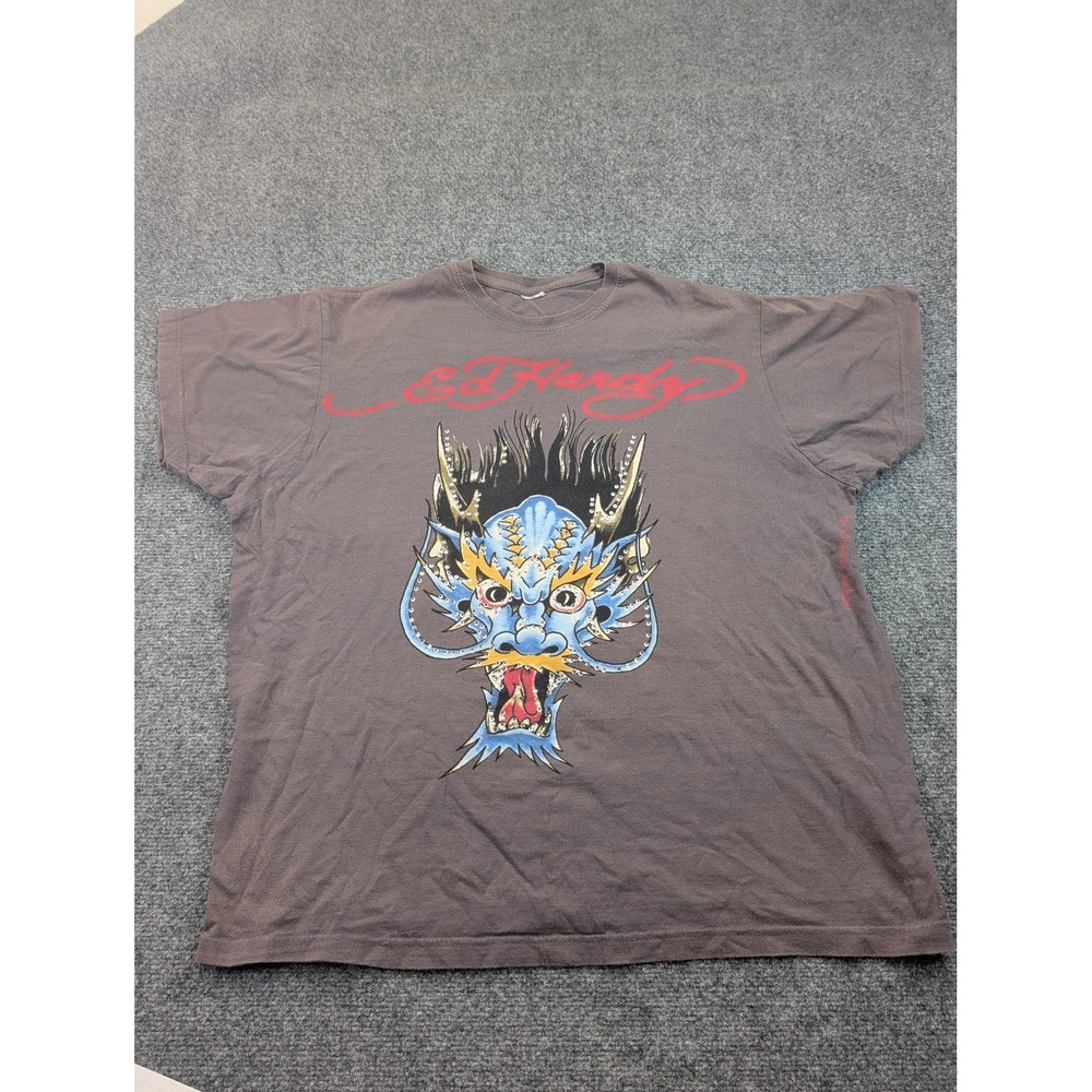 Ed Hardy Christian Audigier Dragon Rhinestone T-Shirt Gray Y2K Streetwear MensXL